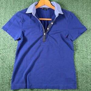 Brooks Brothers‎ Polo Shirt Womens Small Blue Excellent Polka Dot Chambray Trim